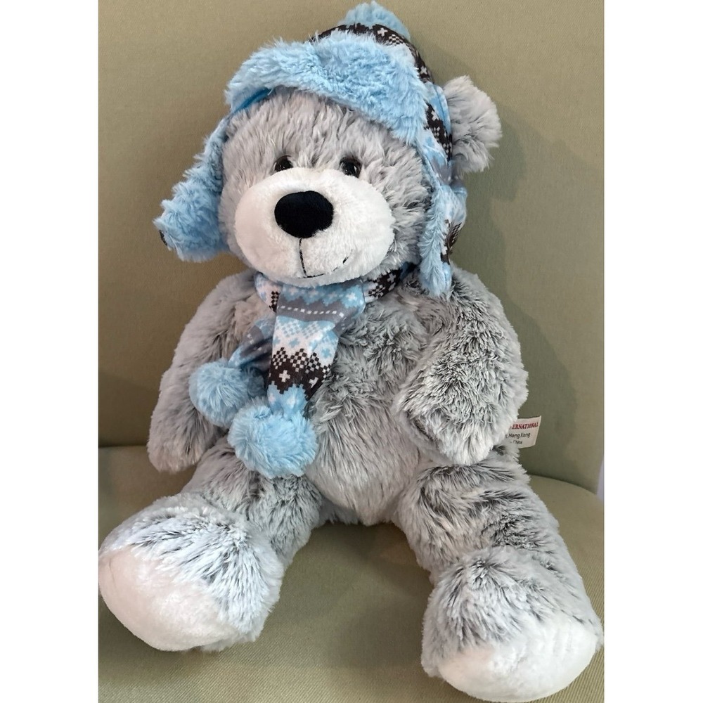 Hugfun International Grey Teddy Bear Blue Winter Hat Scarf Fair Isle Plush Toy